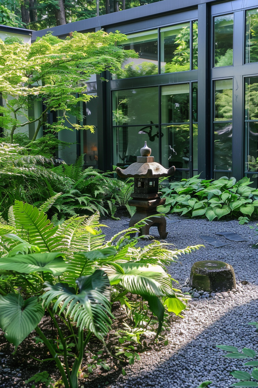 Japanese Painted Ferns and Hostas framing a view
