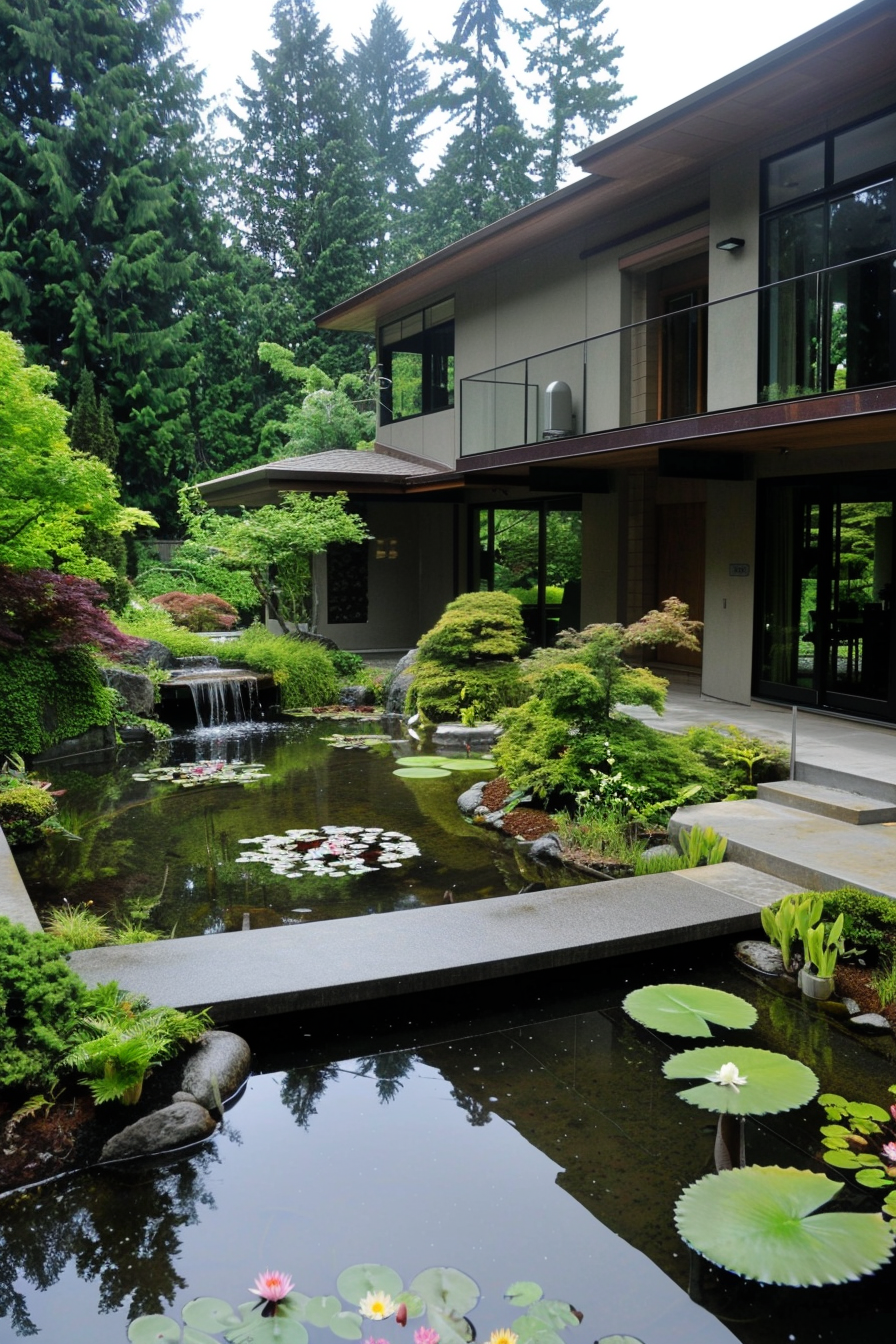 Water feature with Lotus and Dwarf Mondo Grass