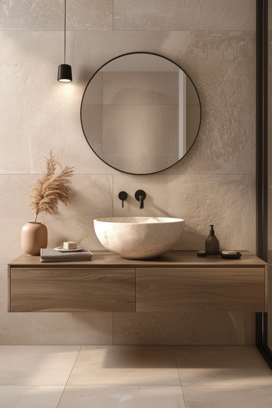 Natural wood vanity with sleek, integrated sink in organic modern bathroom