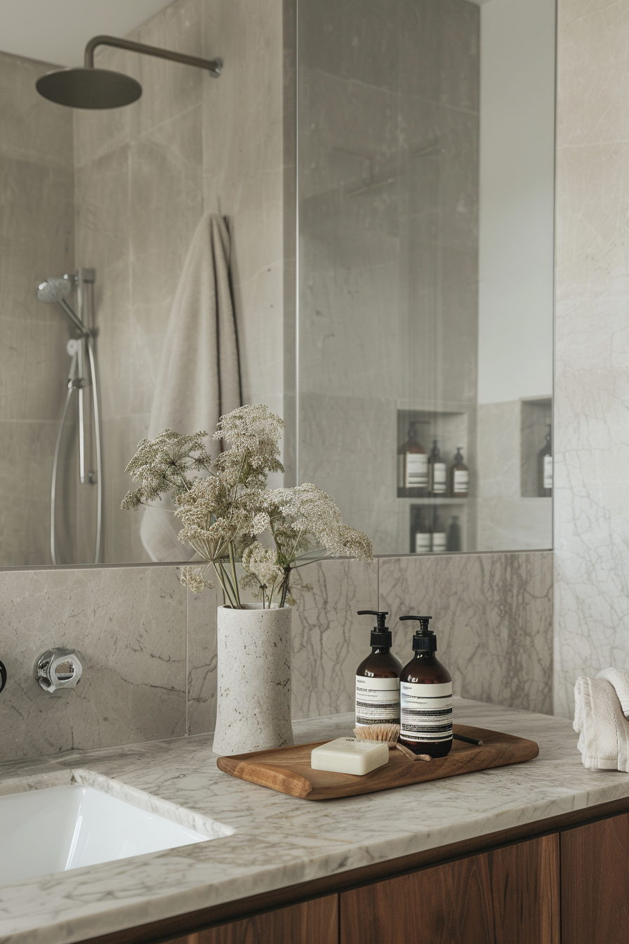 Natural stone accents with marble statement wall in organic modern bathroom