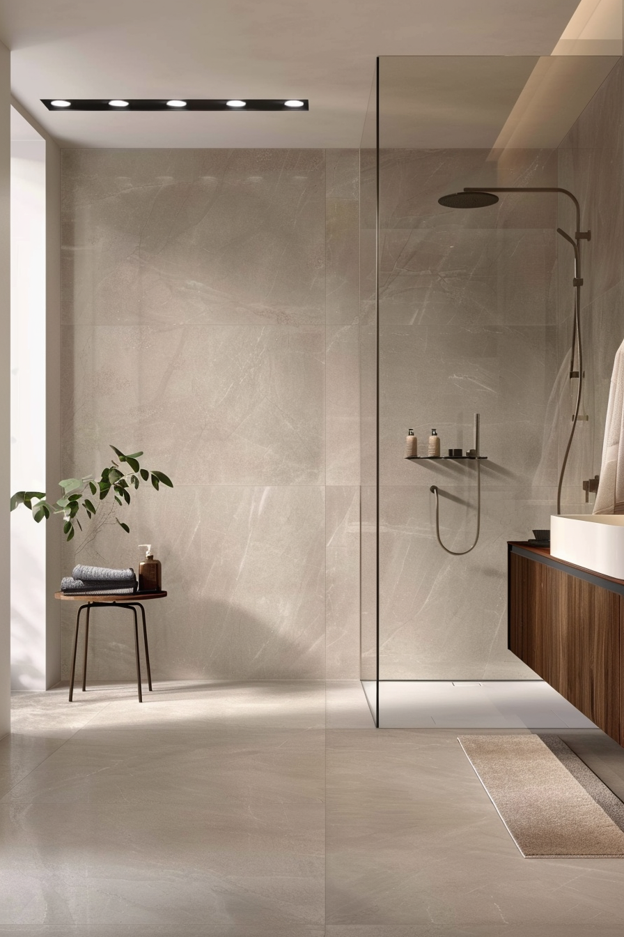 Natural stone accents with marble statement wall in organic modern bathroom