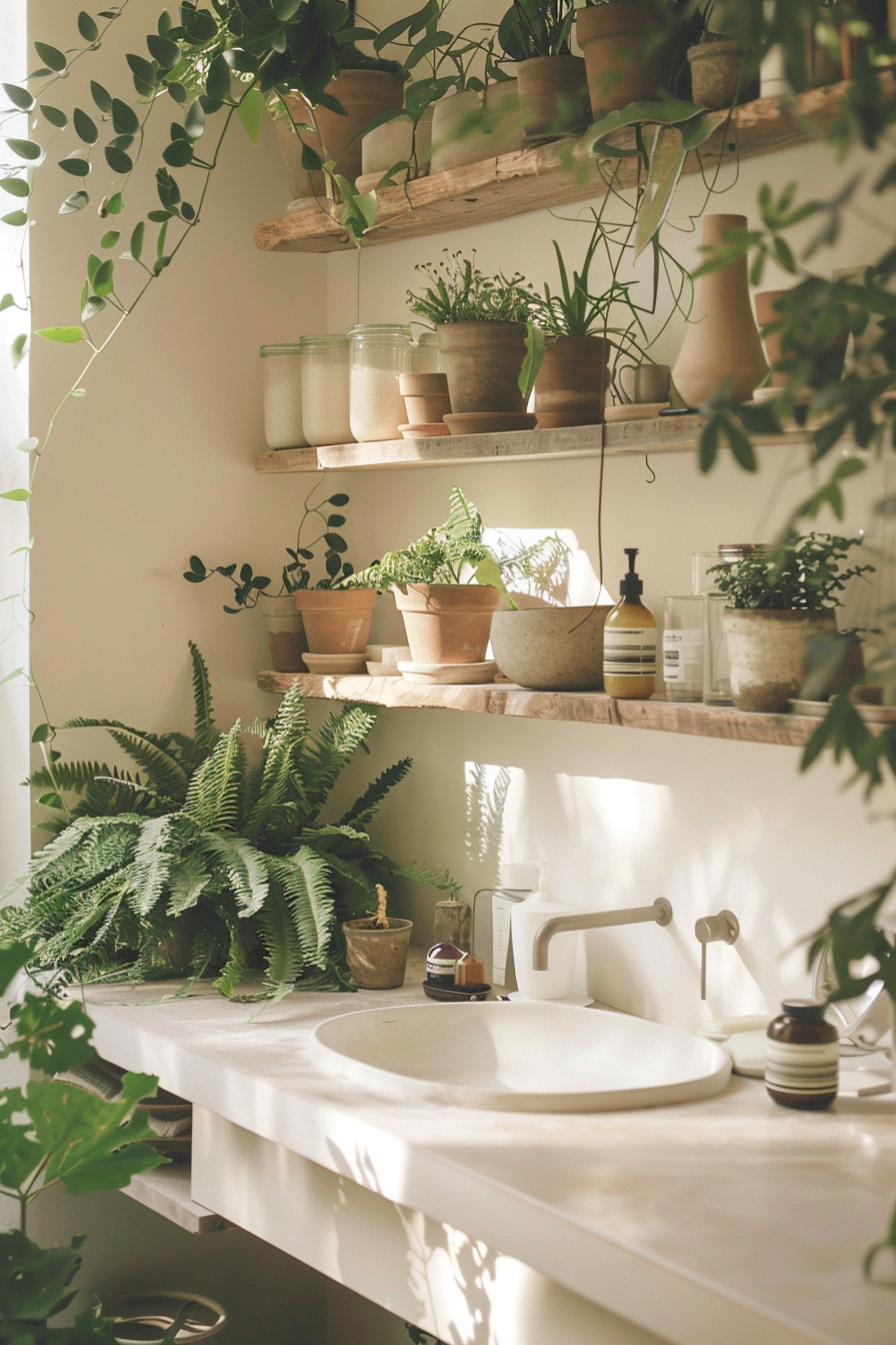 Lush greenery with ferns and spider plants in organic modern bathroom