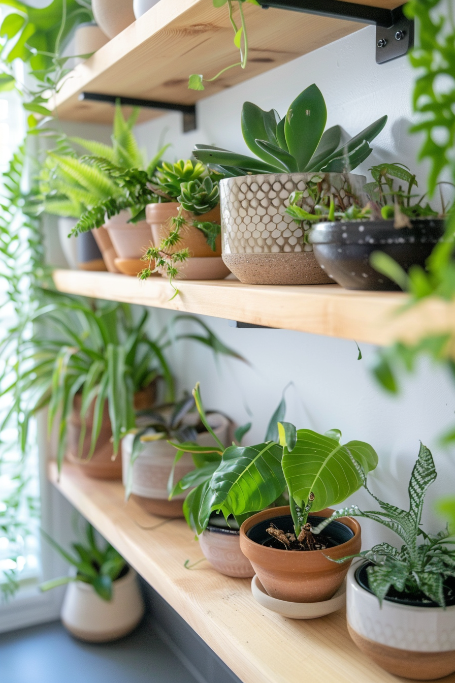 Lush greenery with ferns and spider plants in organic modern bathroom