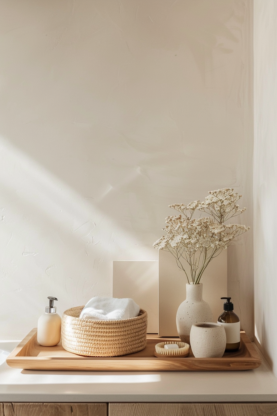 Minimalist decor with woven basket and wooden tray in organic modern bathroom