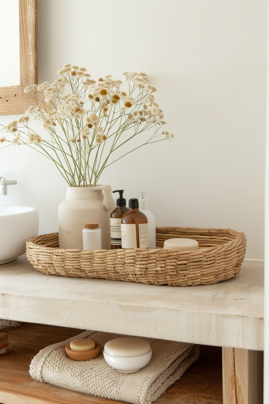 Minimalist decor with woven basket and wooden tray in organic modern bathroom