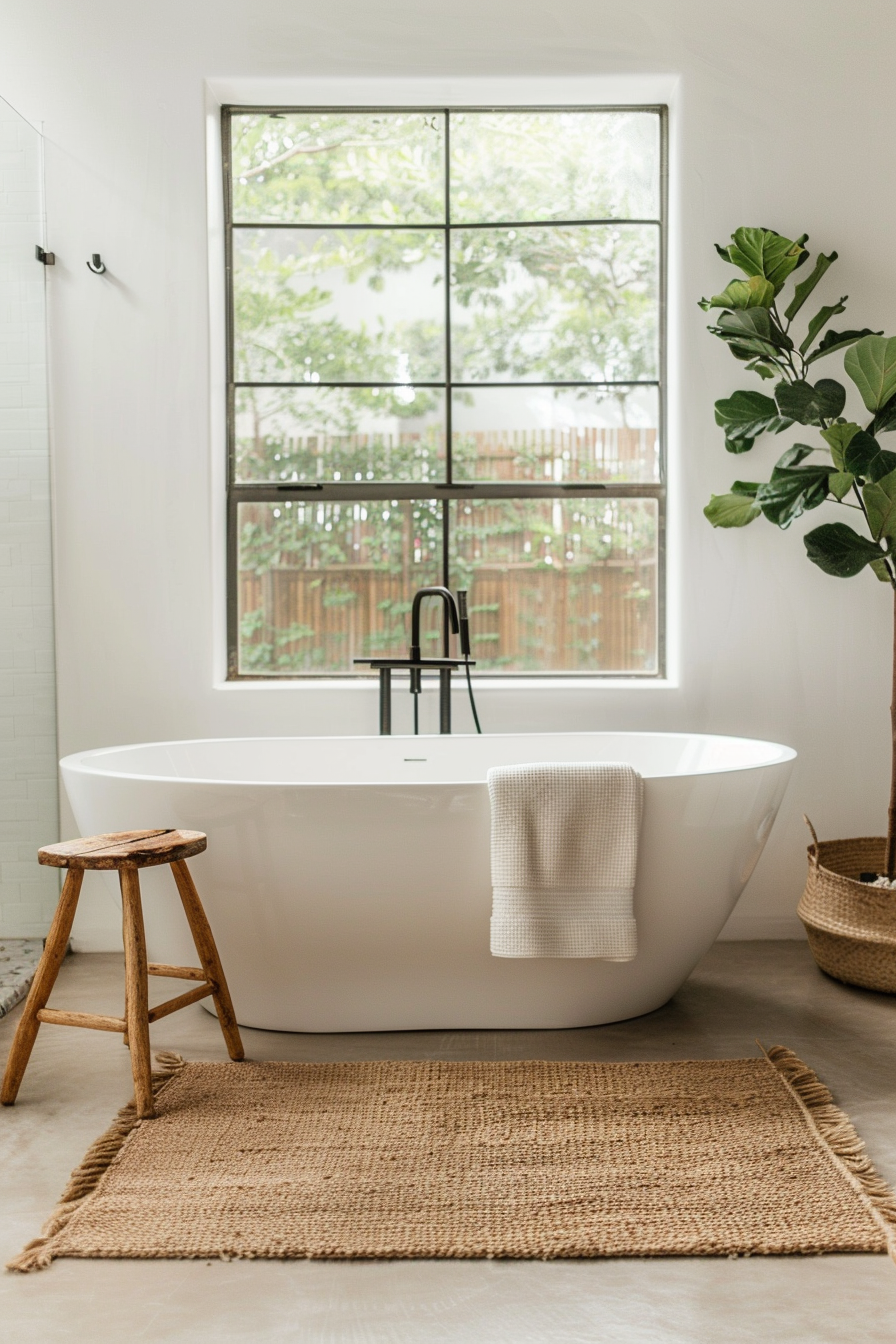Sleek freestanding bathtub near large window in organic modern bathroom