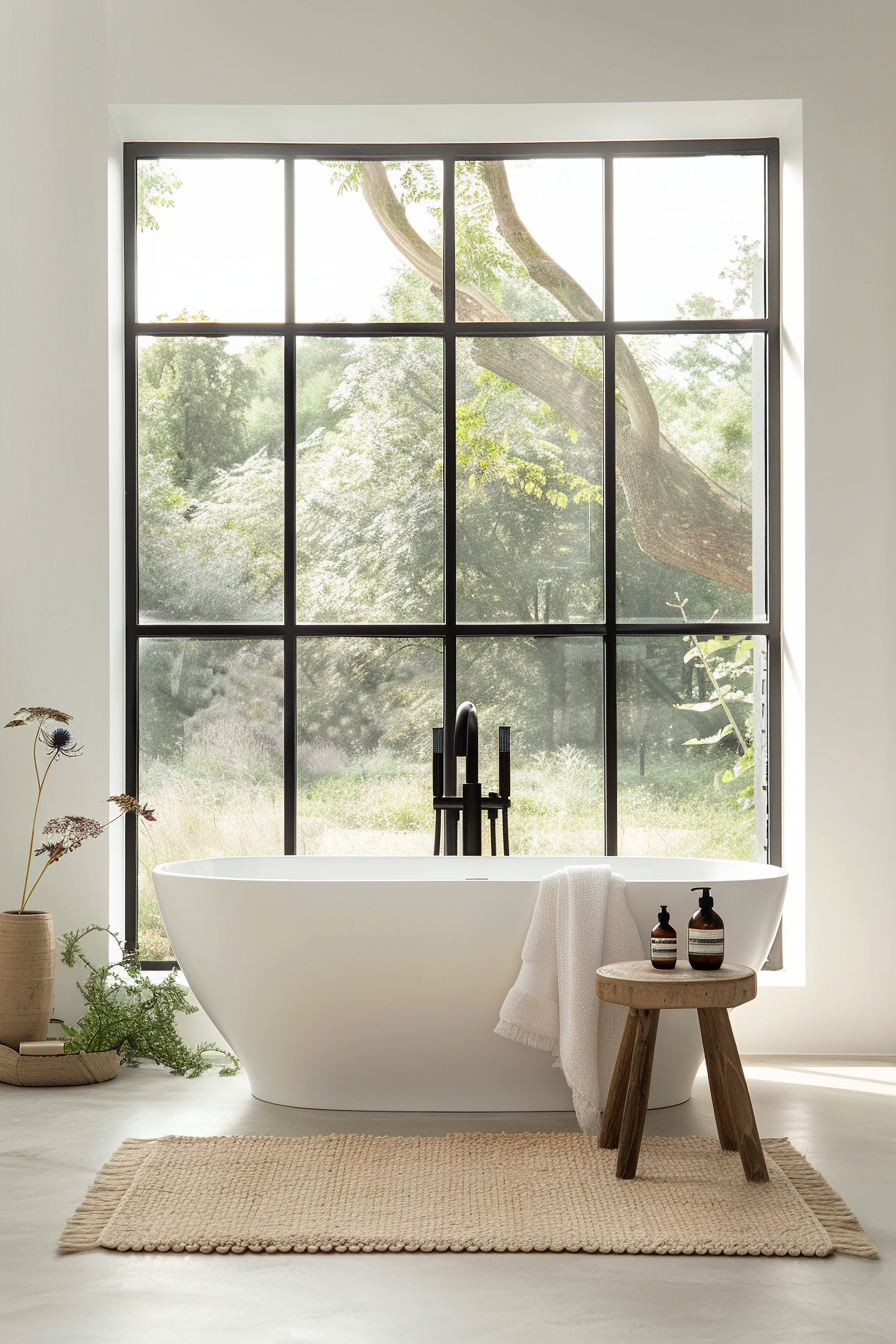 Sleek freestanding bathtub near large window in organic modern bathroom
