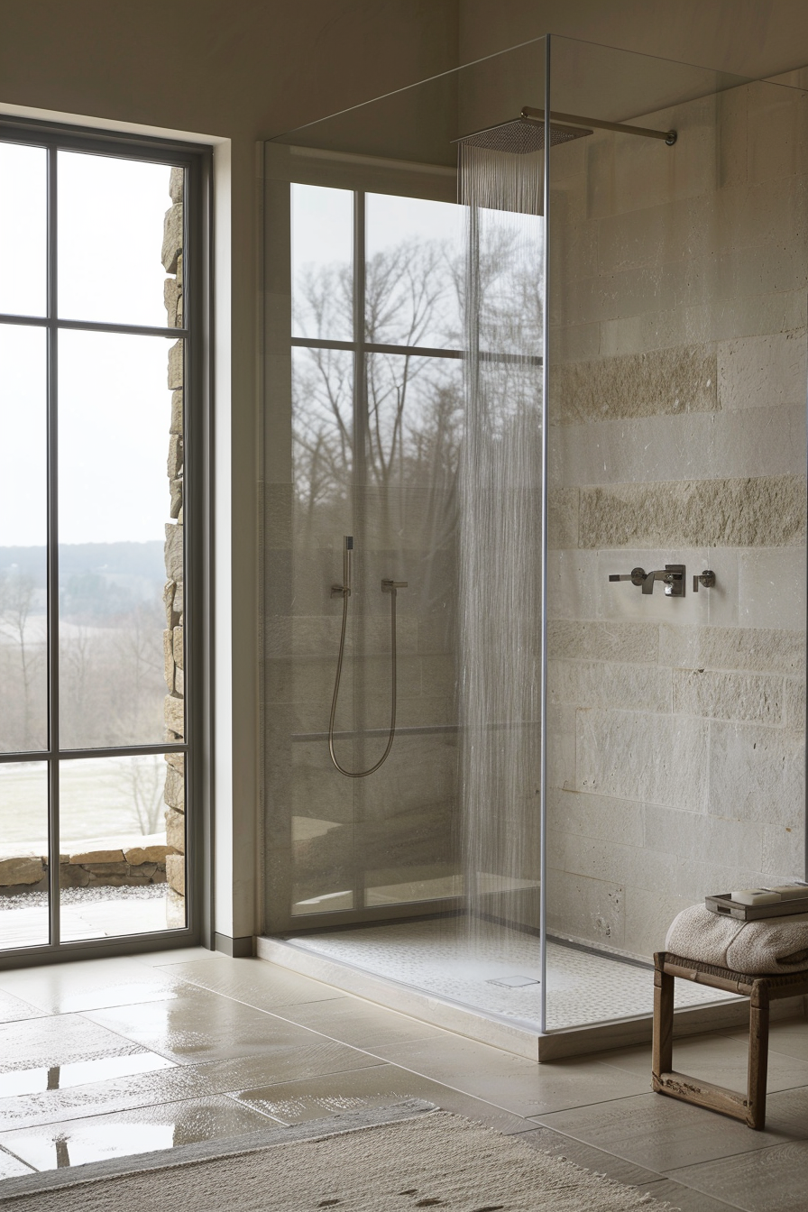 Frameless glass shower with clear panels in organic modern bathroom