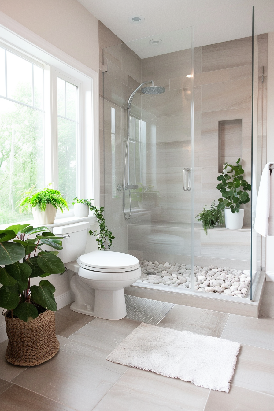 Frameless glass shower with clear panels in organic modern bathroom