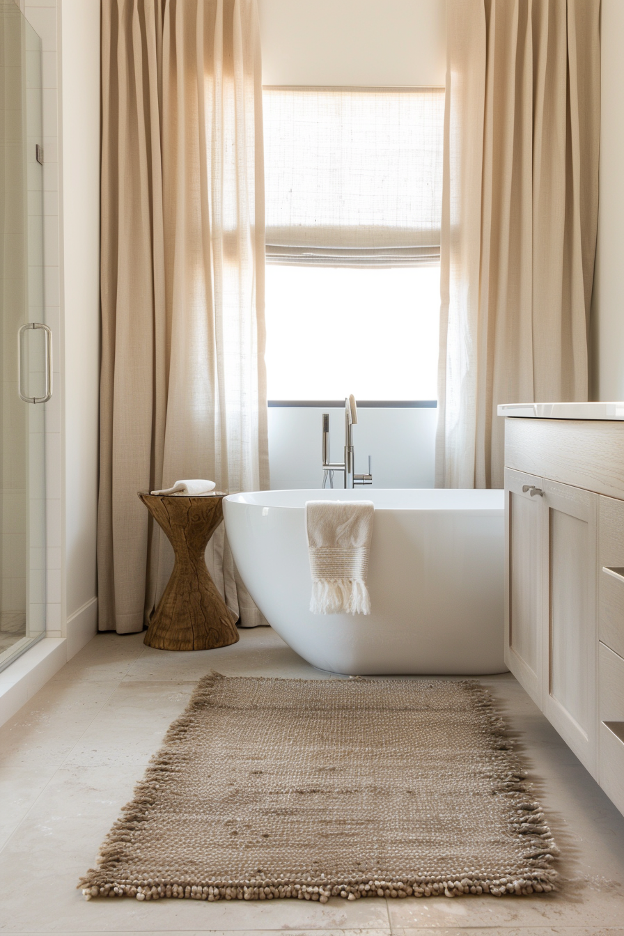 Natural textiles with cotton bath mat and linen shower curtain in organic modern bathroom