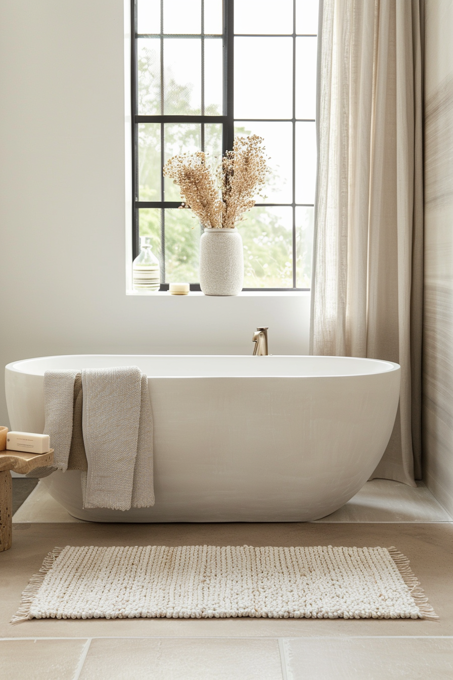 Natural textiles with cotton bath mat and linen shower curtain in organic modern bathroom