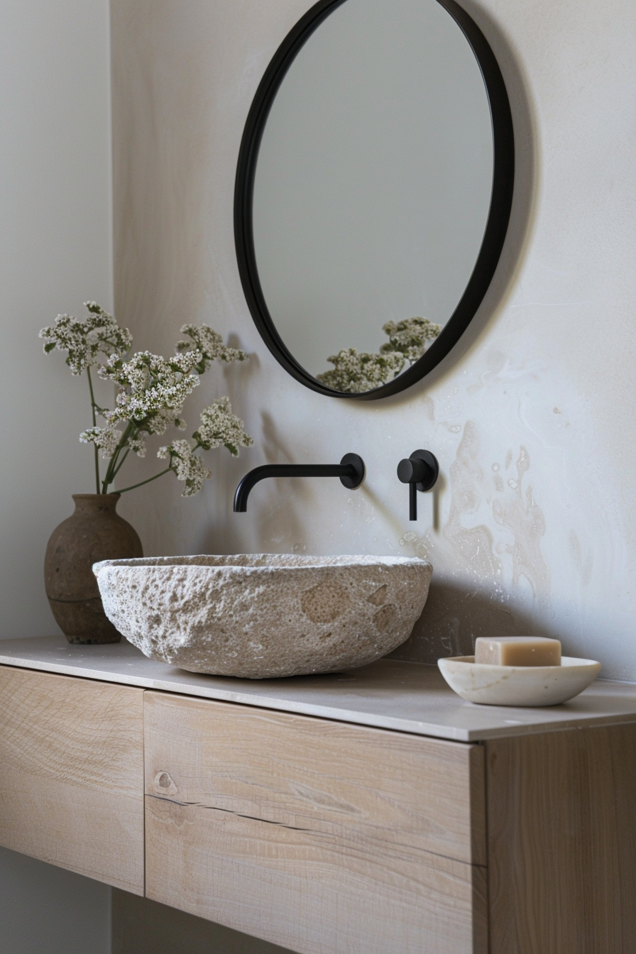 Natural wood vanity with sleek, integrated sink in organic modern bathroom