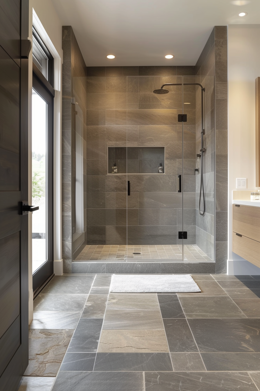 Large-format slate tiles in sleek organic modern bathroom
