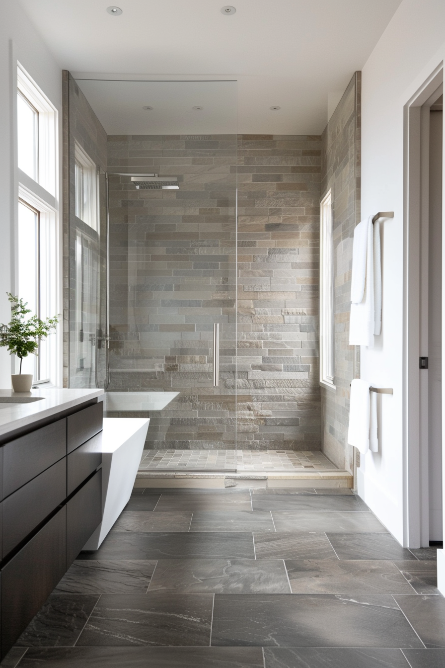 Large-format slate tiles in sleek organic modern bathroom