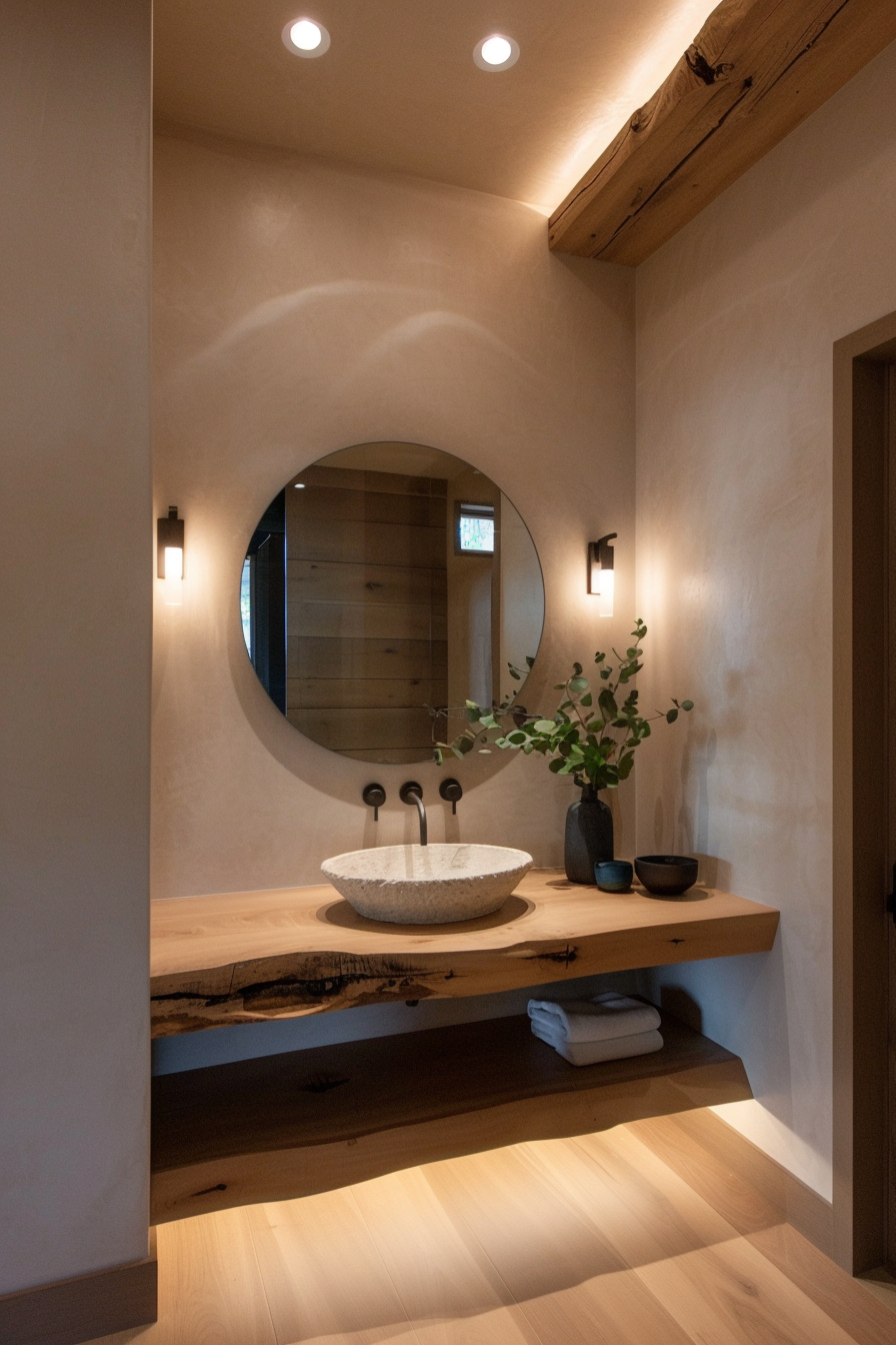 Layered lighting with soft glow in organic modern bathroom