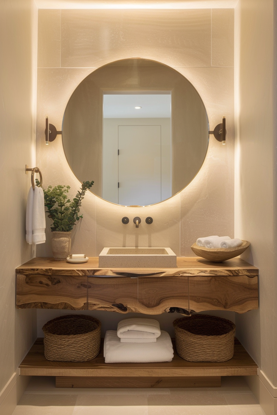 Layered lighting with soft glow in organic modern bathroom