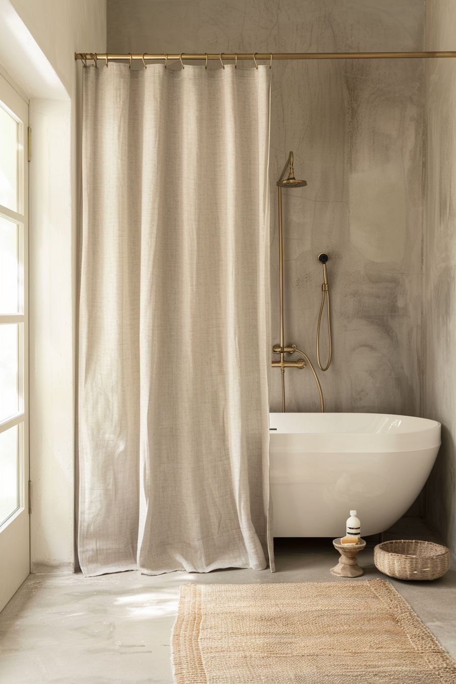 Linen shower curtain with soft taupe color in organic modern bathroom