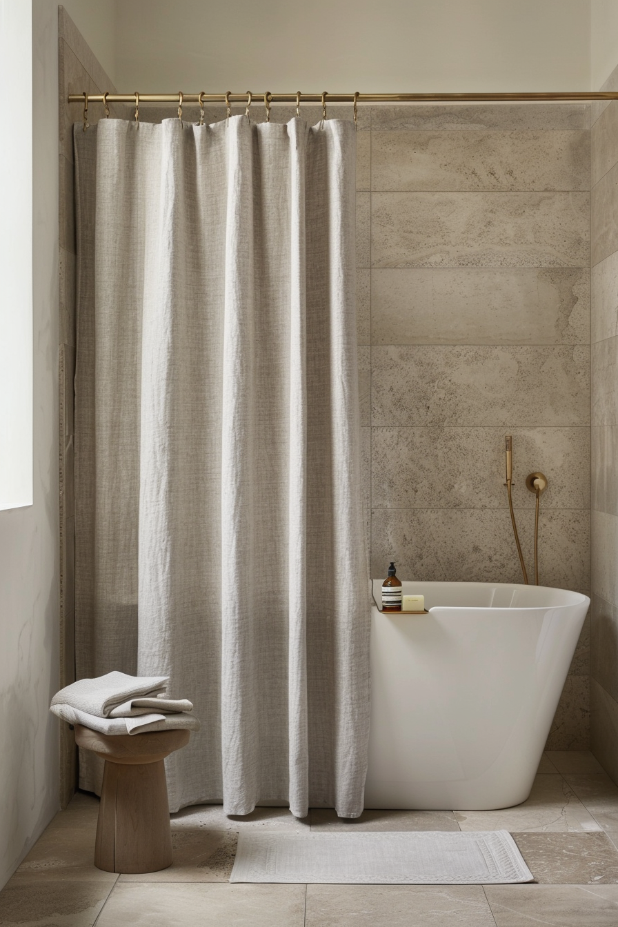 Linen shower curtain with soft taupe color in organic modern bathroom