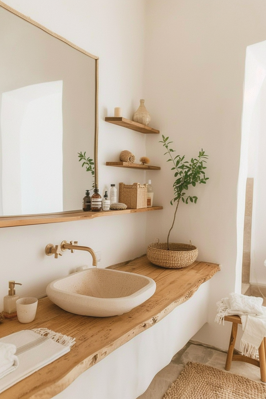 Cozy organic modern bathroom with floating vanity and large mirror