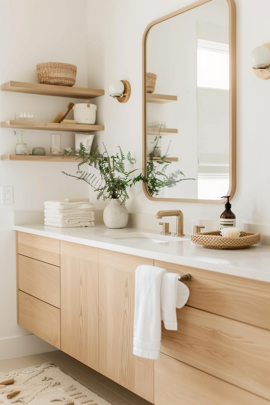Cozy organic modern bathroom with floating vanity and large mirror