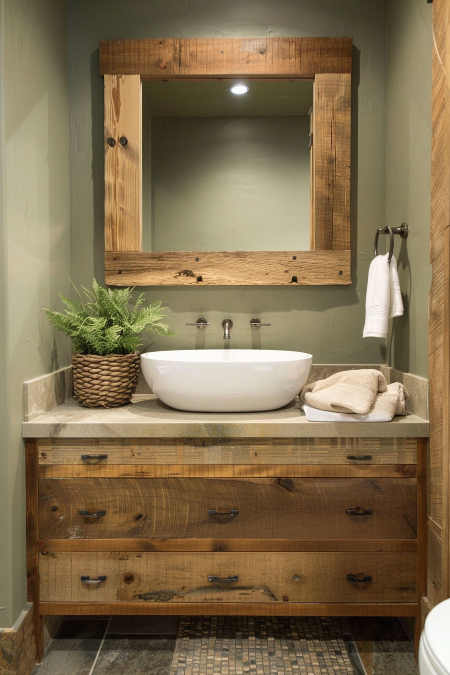 Earthy color palette with soft sage green walls in organic modern bathroom