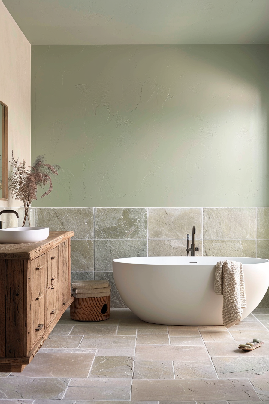 Earthy color palette with soft sage green walls in organic modern bathroom