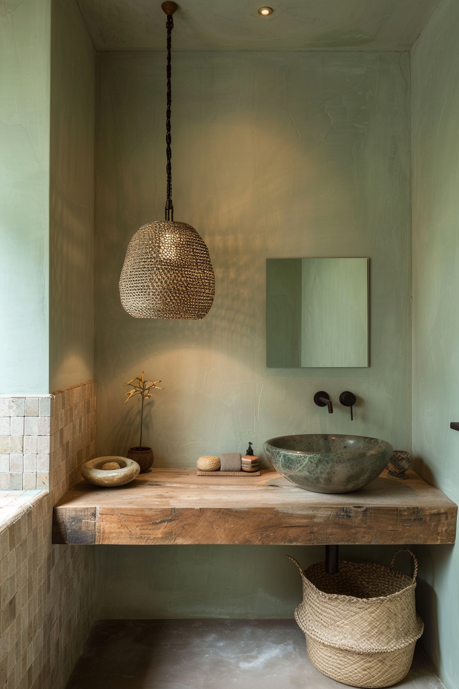 Earthy color palette with soft sage green walls in organic modern bathroom