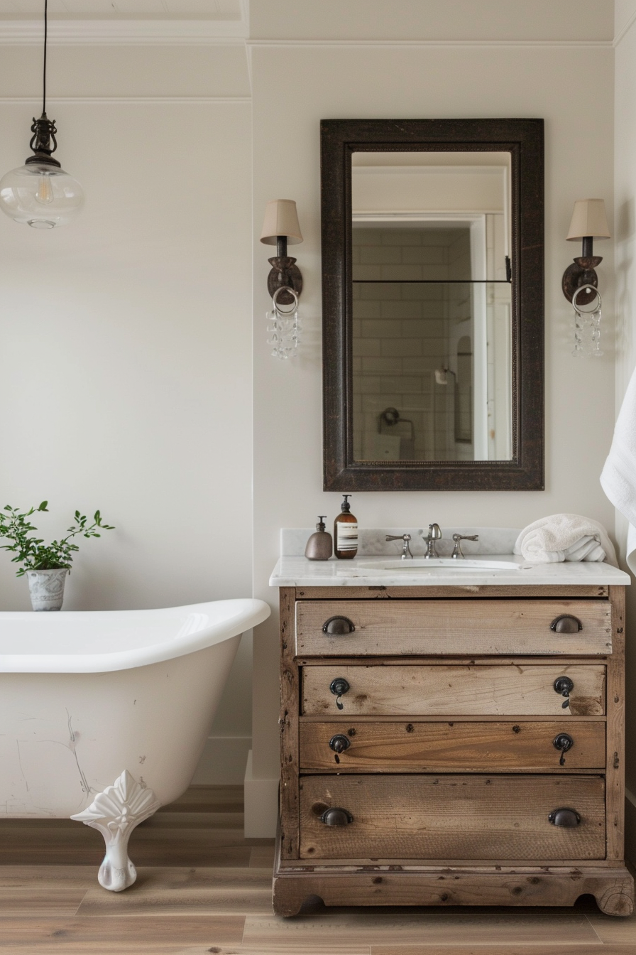 Vintage dresser repurposed as vanity in organic modern bathroom