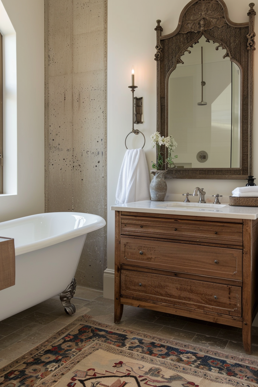 Vintage dresser repurposed as vanity in organic modern bathroom