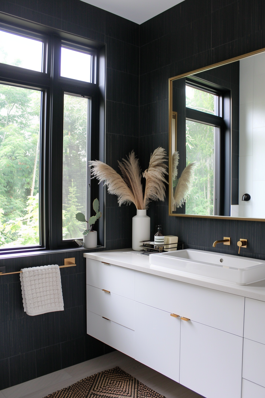 Deep charcoal walls in moody organic modern bathroom