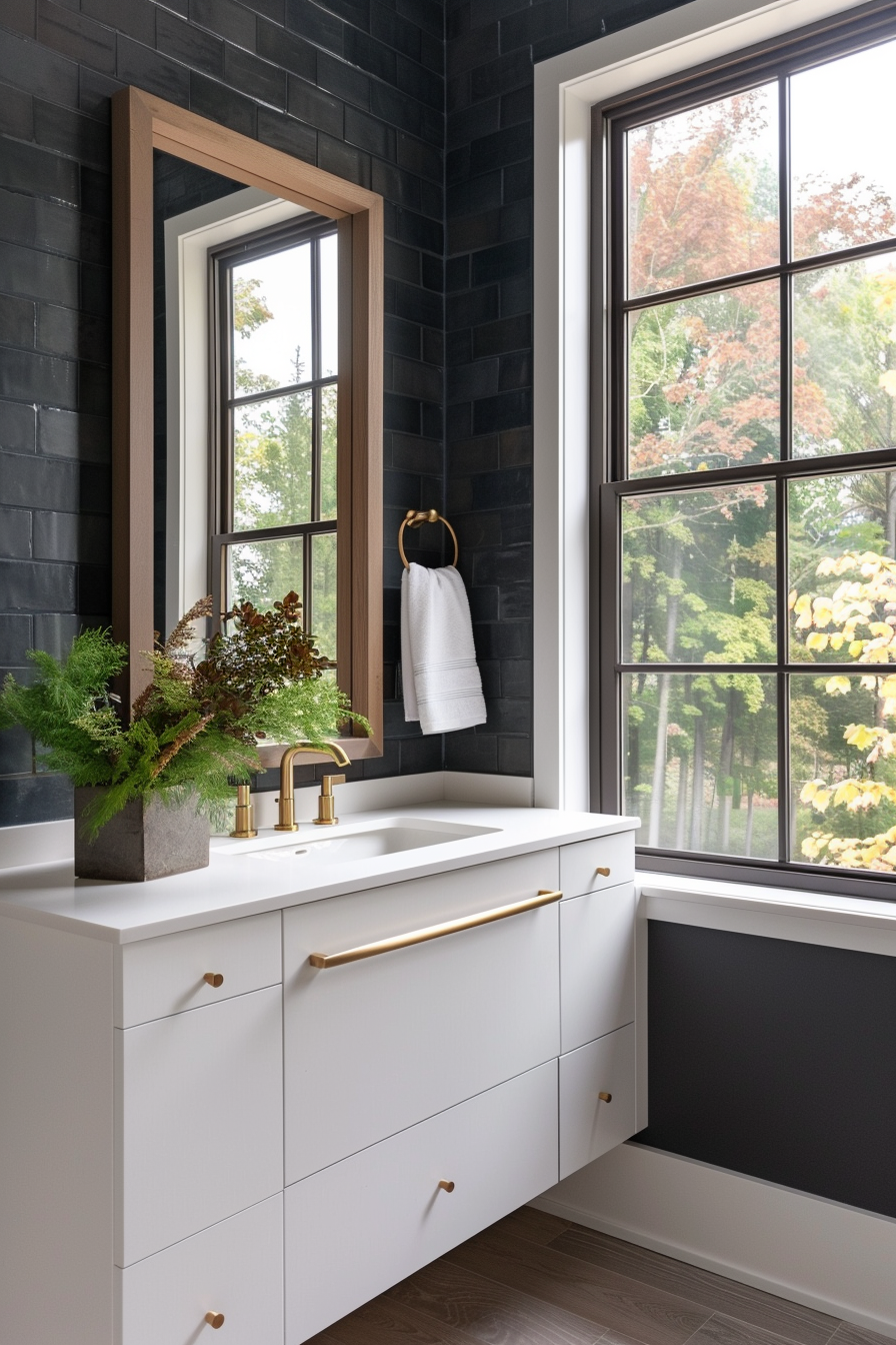 Deep charcoal walls in moody organic modern bathroom