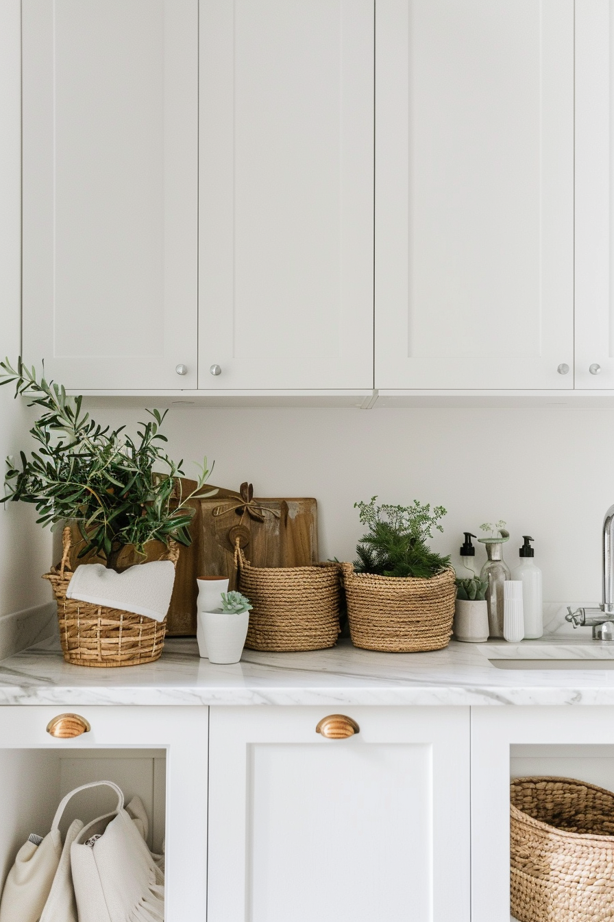 White cabinets with minimal hardware in organic modern bathroom