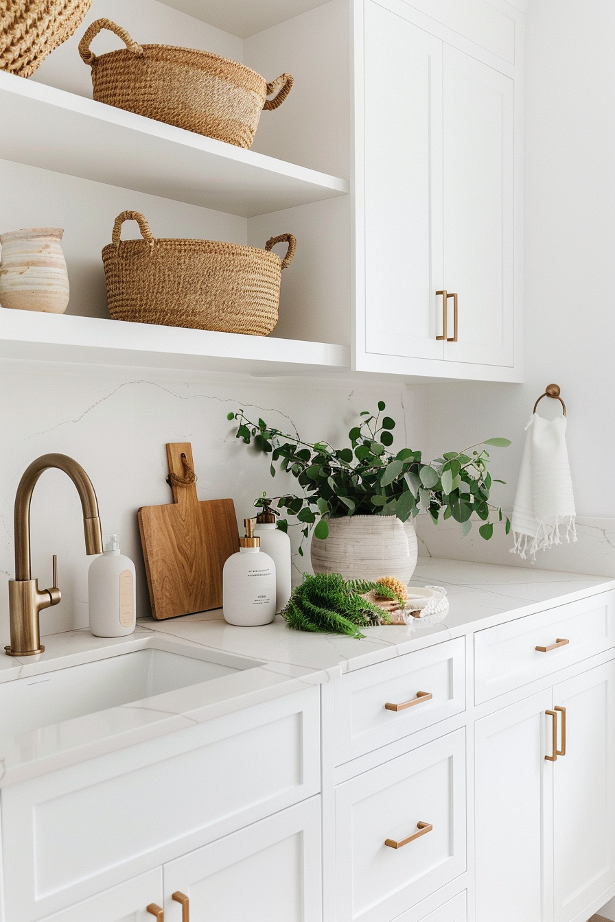White cabinets with minimal hardware in organic modern bathroom