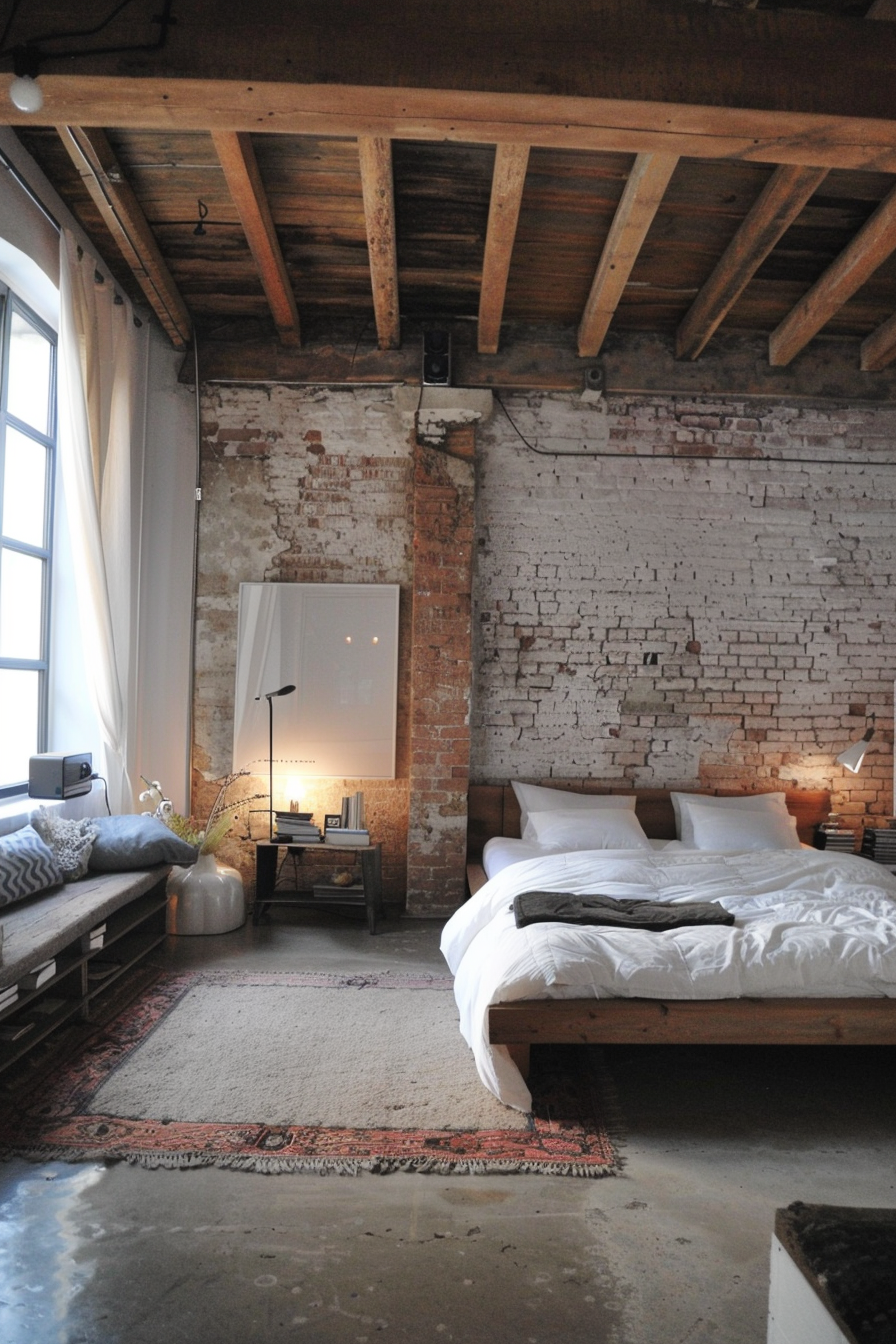 Exposed wooden beams and brick wall