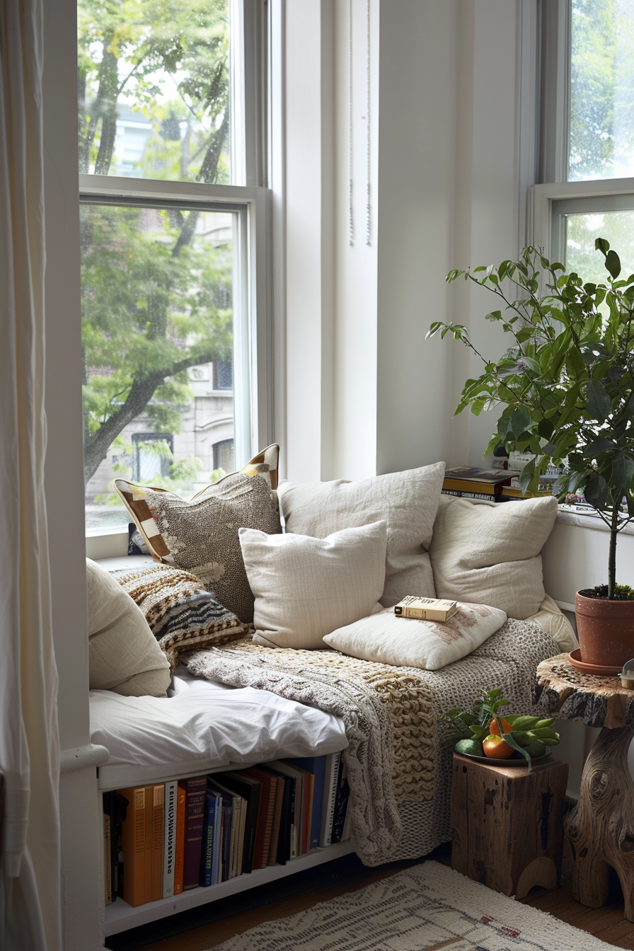Personal touches and cozy textiles in reading nook