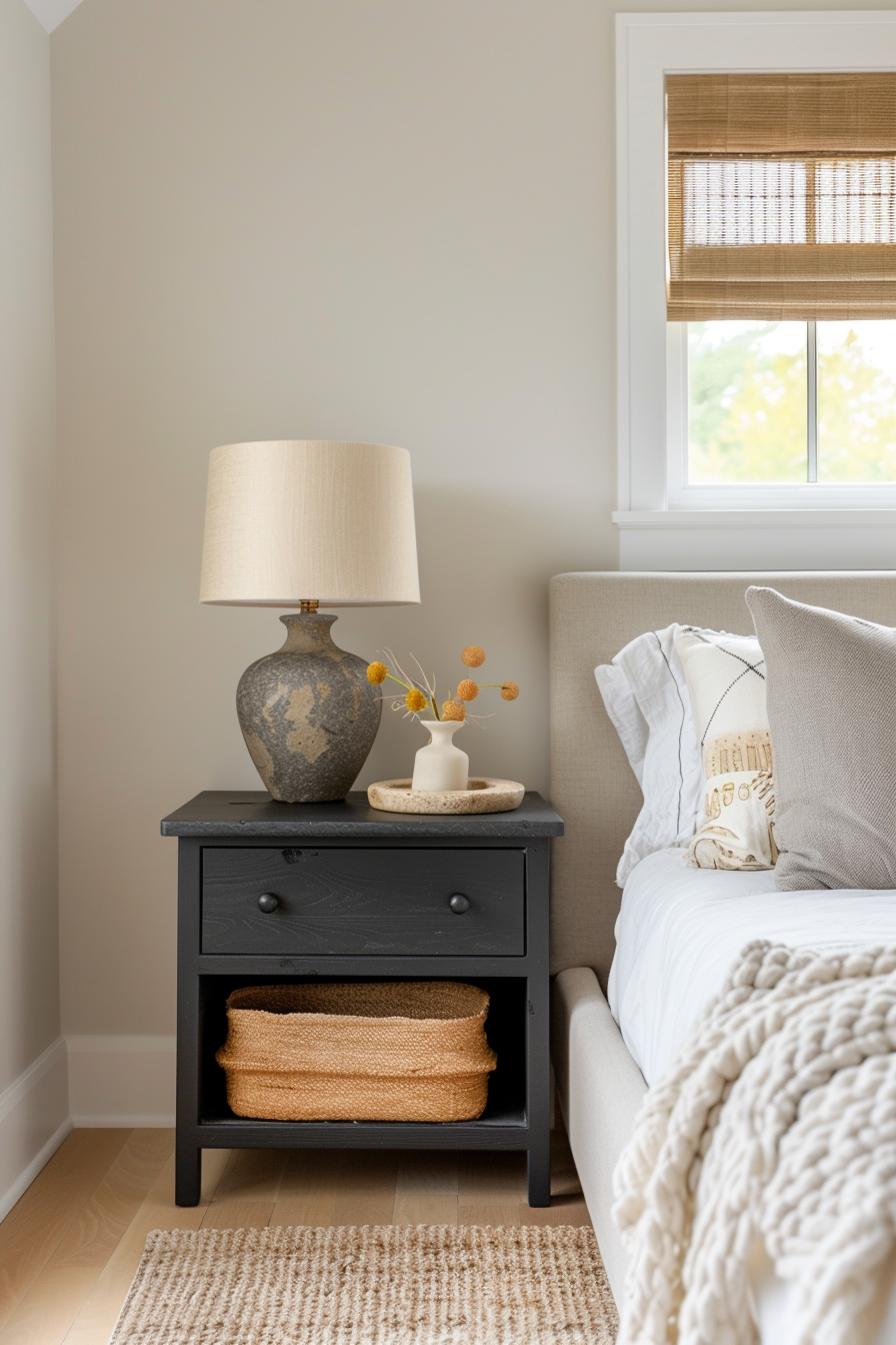 Clean-lined black nightstand with ceramic lamp