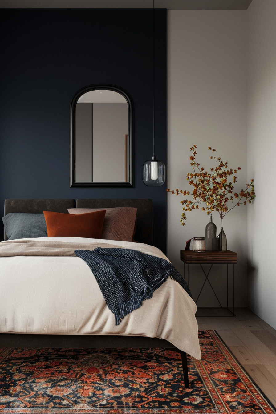 Moody accents in organic modern bedroom