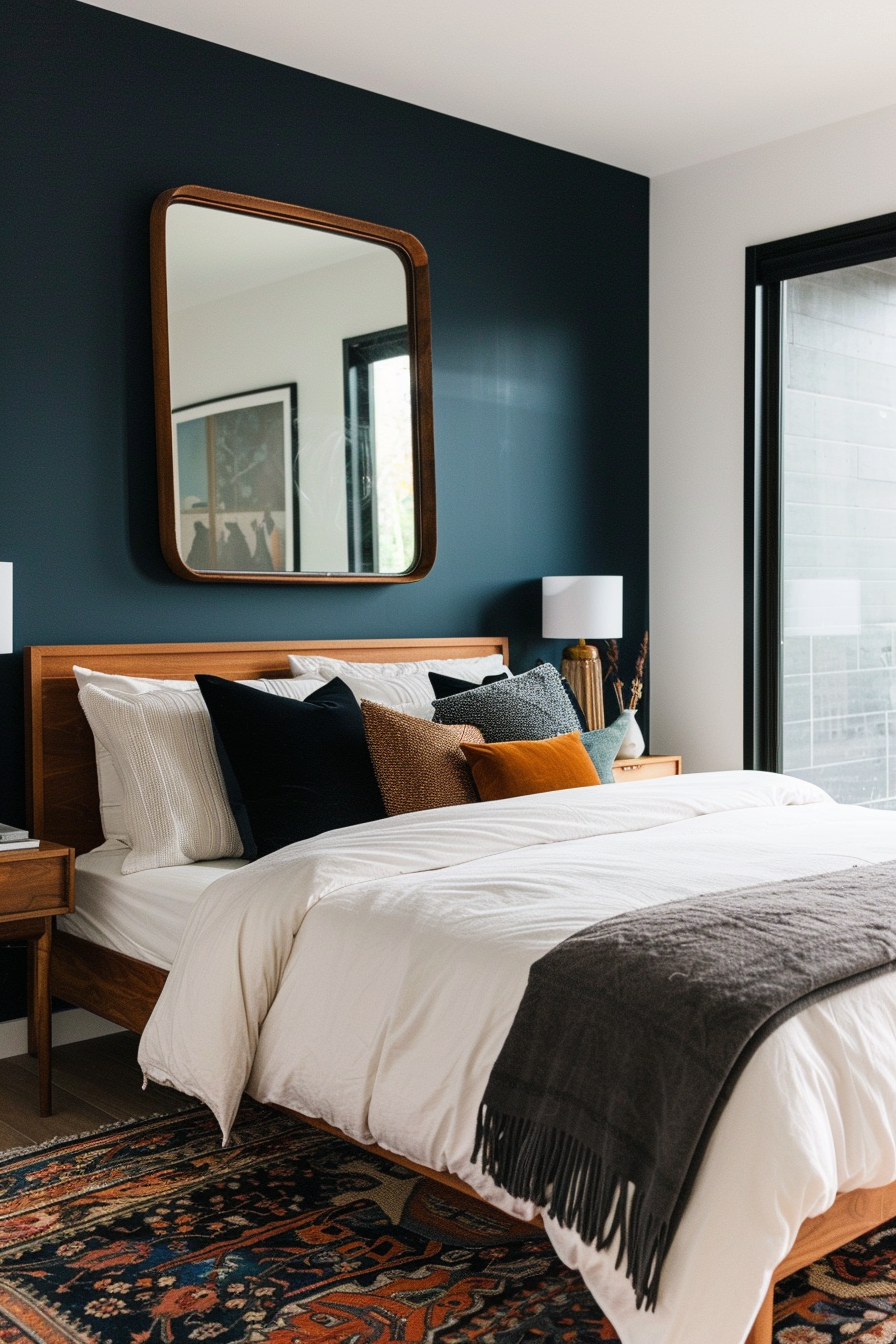 Moody accents in organic modern bedroom
