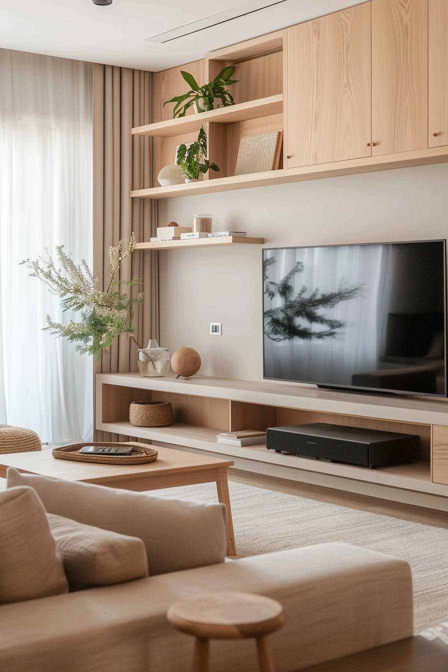 Neutral and natural materials for TV unit