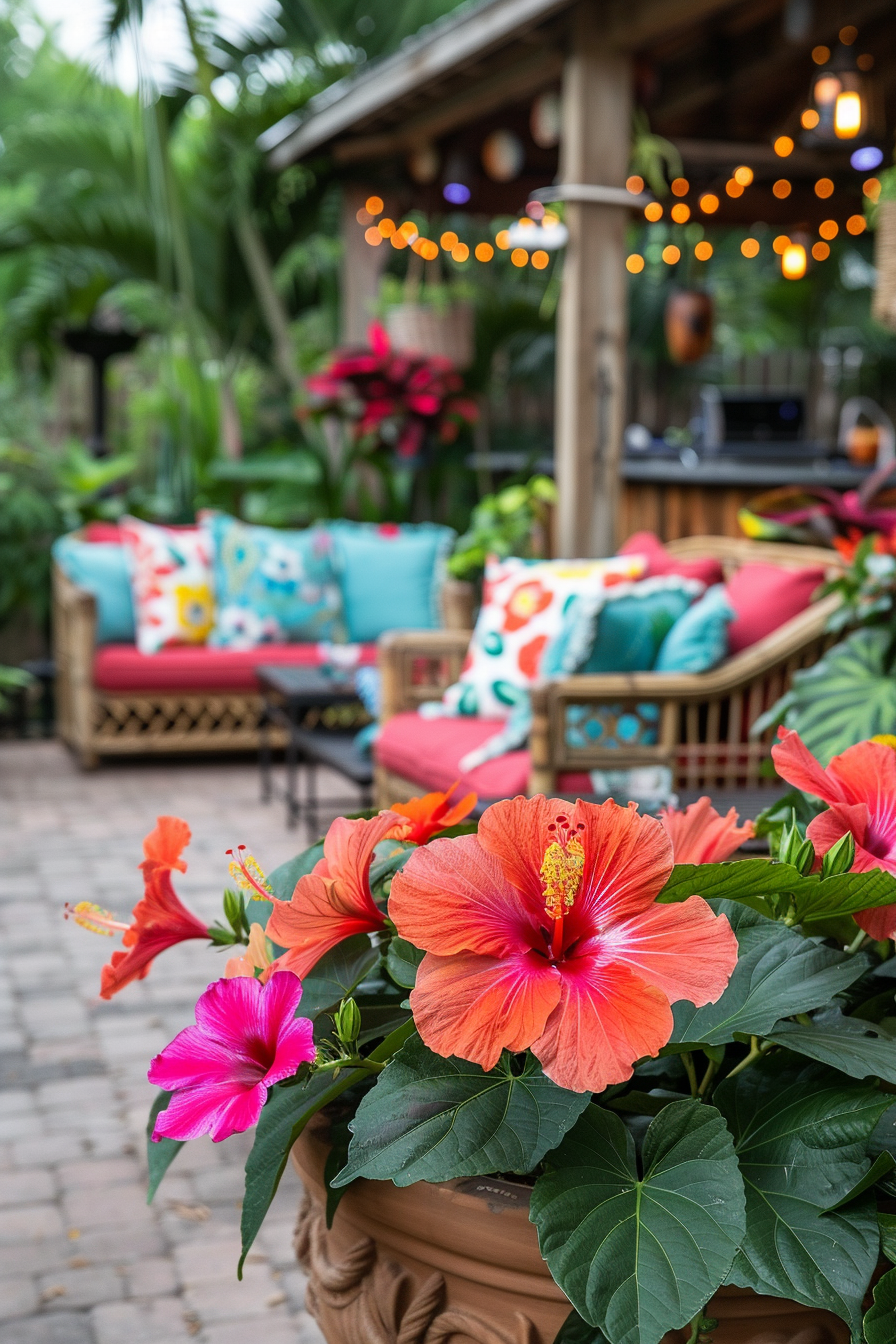 Hibiscus plants in decorative pots