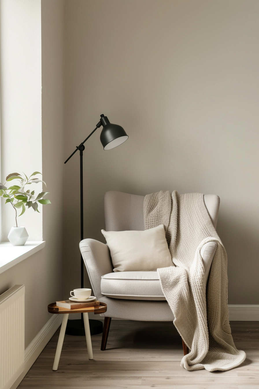 Scandinavian bedroom with a cozy reading nook