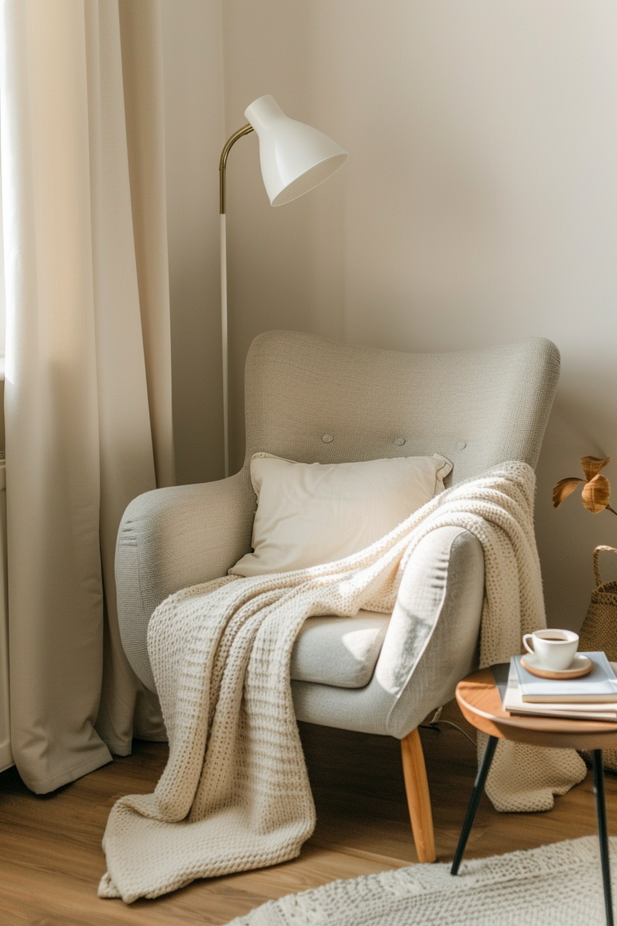 Bedroom corner with armchair and throw blanket