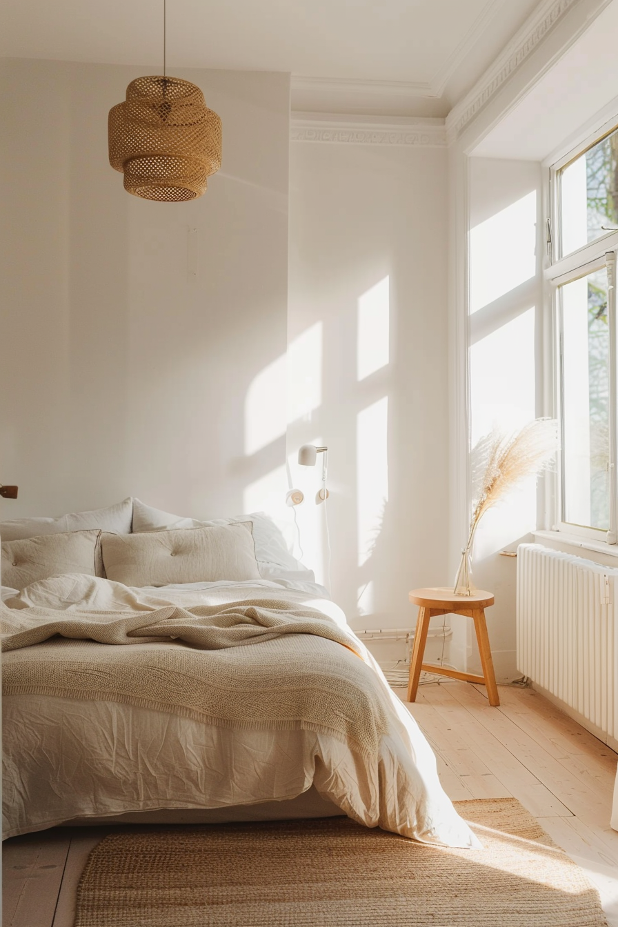 Scandinavian bedroom with warm lighting