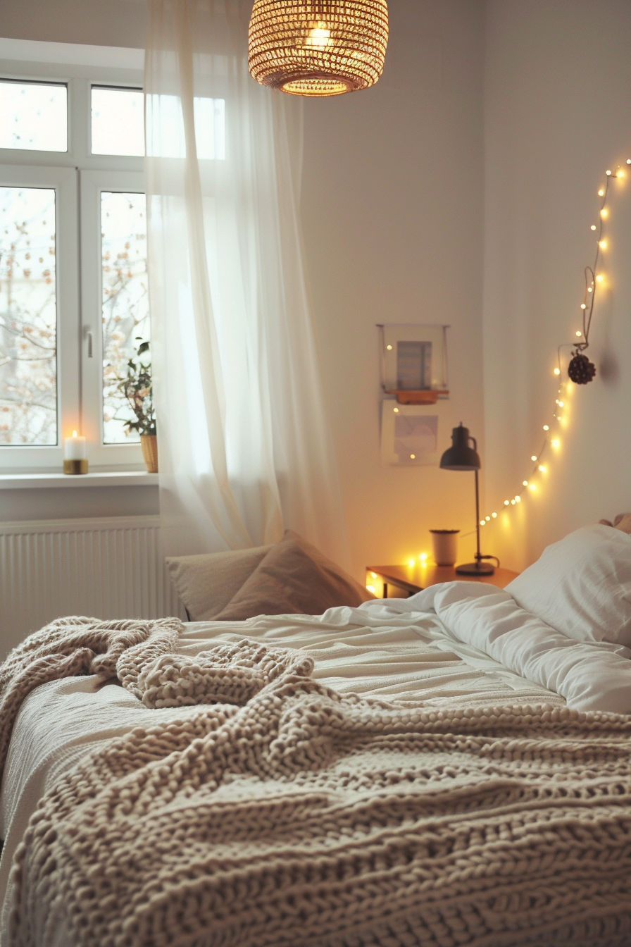Bedroom with pendant lamp and fairy lights