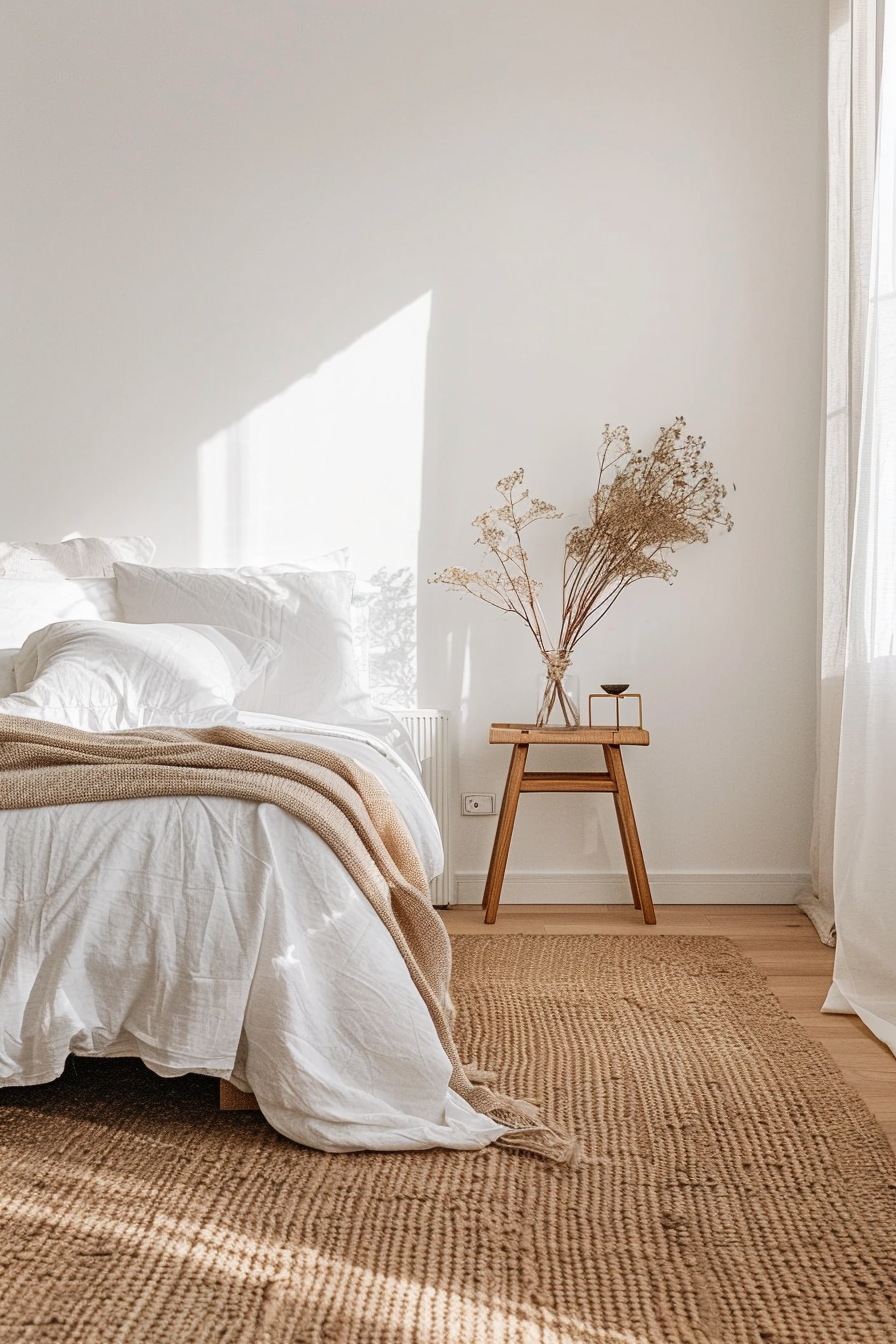 Bedroom with luxurious rug and linen duvet