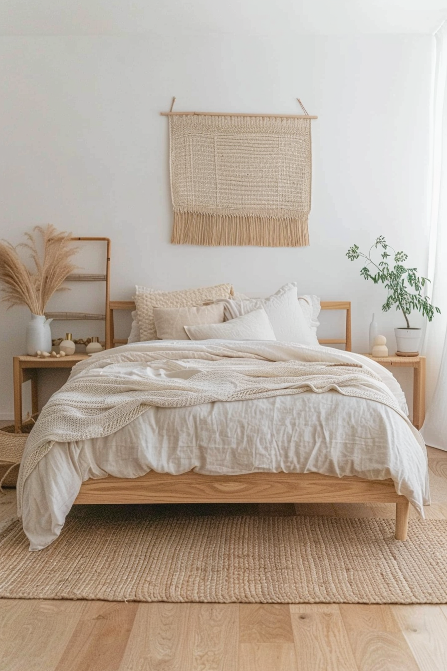 Bedroom with wooden furniture and linen bedding
