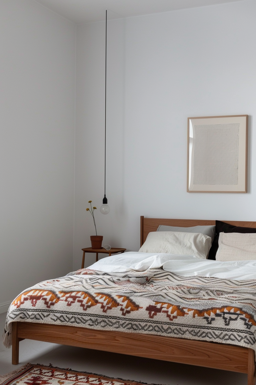 Bedroom with sleek wooden bed and minimalist furniture