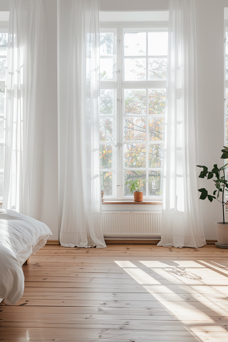 Scandinavian bedroom with large windows