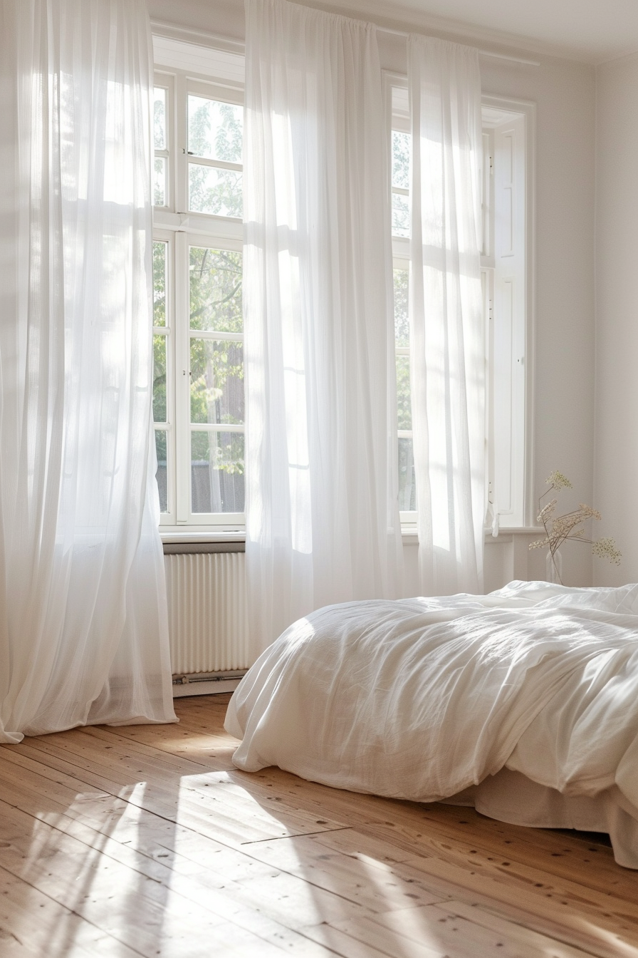 Bedroom with sheer white curtains and ample sunlight