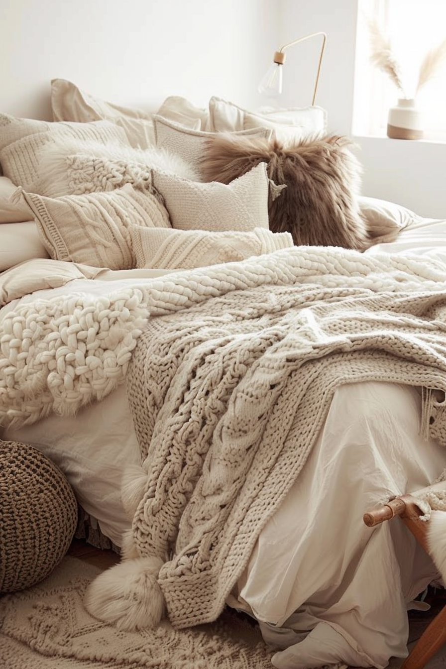 Bedroom with wool blankets and faux fur throws